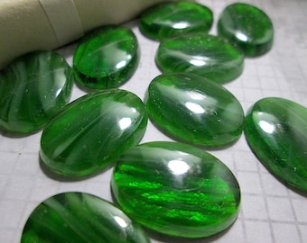 4 Vintage Translucent Jade Green Oval Glass Cabochons with Feathery White Striations, Japan, 14mm x 10mm