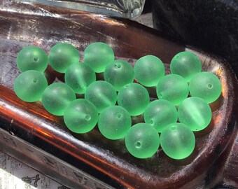 8 Frosted Green Round Czech Glass Beads – 10mm – Vintage Jewelry Making Supplies, Translucent Matte Craft Beads
