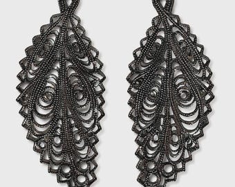 1 Pair Vintage Black Floral Filigree Leaves, Left and Right Facing , Approx. 48mm x 28.5mm, Miriam Haskell