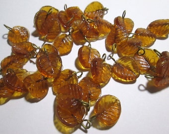 10 Vintage Amber Glass Leaf Charms, C2-11
