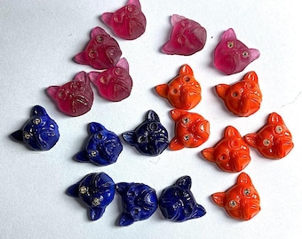 6 Vintage Glass Bull Dog Head Cabochons with Rhinestone Eye Space, 12mm, Trans Pink, Opaque Blue or Orange, U Pick