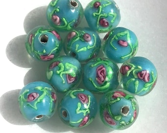 Vintage Pink Rose Glass Beads with Green Vines over Turquoise Base, 11mm