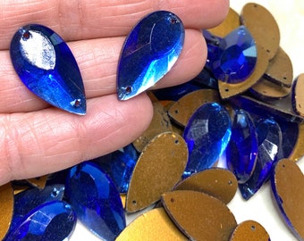 1 Vintage Large Sapphire  27mm x 12mm Glass Sew On Stones, Gold Foil, West Germany
