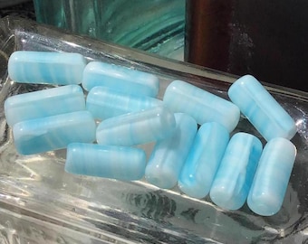 14 Vintage Marbled Light Blue Glass Tube Beads, 15mm