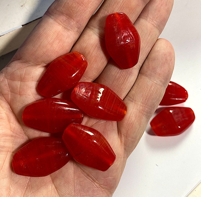 30mm x 18mm 5 Vintage Large Translucent Carnelian Glass Beads Flattened Ovals Japan Handmade Bright Red Lampwork,