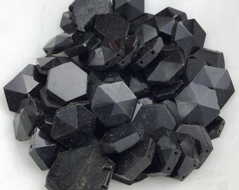 6 Vintage Black Faceted Hexagon Glass Beads, 15mm