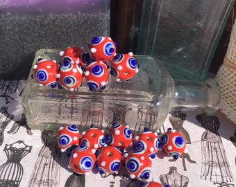 5 Vintage Handmade Yellow, White, Translucent Blue Bumpy Beads, Vintage Lamp Work Glass Bumpy Beads, 14mm