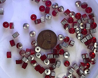 12 Vintage Translucent Red Disks with Ribbed sides and a Smattering of Metallic Silver, Swarovski Spacer Bead, 6mm