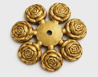 6 Large Vintage Brass Rose Stampings, 39mm Bendable Flower Bead Caps or Pinwheel Findings