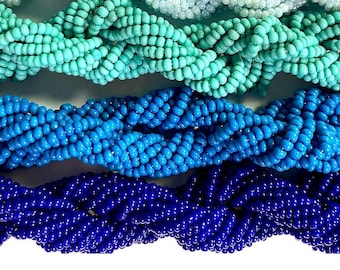 1 Hank Vintage Seed Beads, Jablonec, n. N., 10/0, (3 Colors - Cobalt, Slate Blue, Turquoise, U-Pick) Approx 20" Twisted Hank
