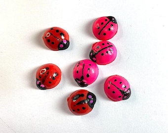4 Vintage Hand Painted Ladybugs, Early Plastic Pink or Red, Japanese, 14mm