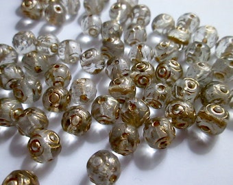 24 Vintage Egyptian Revival Glass Round  Beads in Clear with Gold Incised Detailing