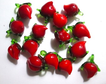 10 Handmade Strawberry, Heart Red with Green Leaves, Glass Charms, Lampwork Beads, Jewelry Elements