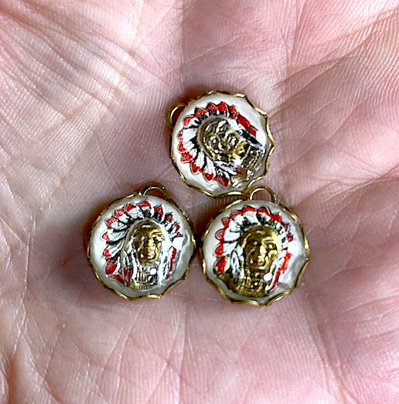 2 Vintage Glass Reverse Painted Intaglios of an Indian Chief Cabochon West Germany 13mm in Brass Bezel.