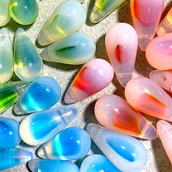 4 Vintage Austrian Milky Opal Glass Drops, 3 Colors: Rose/Orange, Aqua, Green , Teardrops, 20mm, Pendant, Charm, Earring