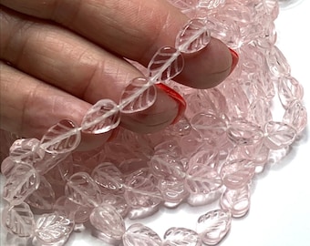 1 Strand Translucent Light Pink Glass Leaf Beads, Etched Veining, Leaves, Charms, Czech, 10mm x 8mm, 25 beads