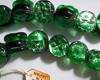 4 Vintage Rare Japanese Green Foil Handmade Glass Beads, Tombo 12mm Double Sided Flat, Oreo Cookie , Made in Japan