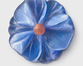 1 Vintage Carved Glass Flower Cabochons, Large, Daffodil, Pansy, 3 Colors: Sapphire, Cerulean, Spring Green, 37mm