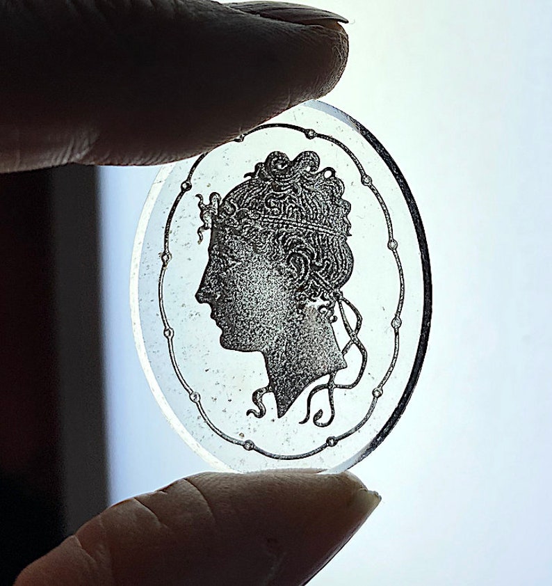 Cameo SIlver on Back of Figure 1 Vintage Clear Glass Greek Roman SideView of Woman Intaglio 36mm x 28mm