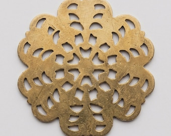 6 Flat Raw Brass Flat Cut Out Stampings, Round, Floral, Petals, 34.6mm