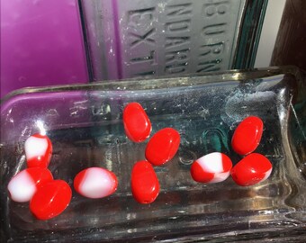 10 Red and White Oval Glass Beads with Flat Sides, 9mm