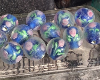 5 Vintage Blue Beads with pink roses 12mm