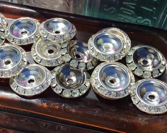 8 Vintage Silver-Tone Rhinestone Spacer Beads, 18mm