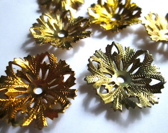 6 Brass Plated Flower, Bead Cap Leaf Pattern Findings with Age and Patina, 24mm