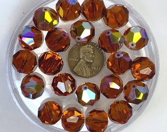 6 Rare Vintage Swarovski Art 5300 12mm Madeira Topaz, AB Crystal Beads, Aurore Borealis Crystal Beads, Austria
