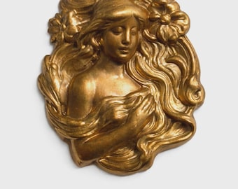 One Vintage Art Nouveau Lovely Lady Brass Stamping