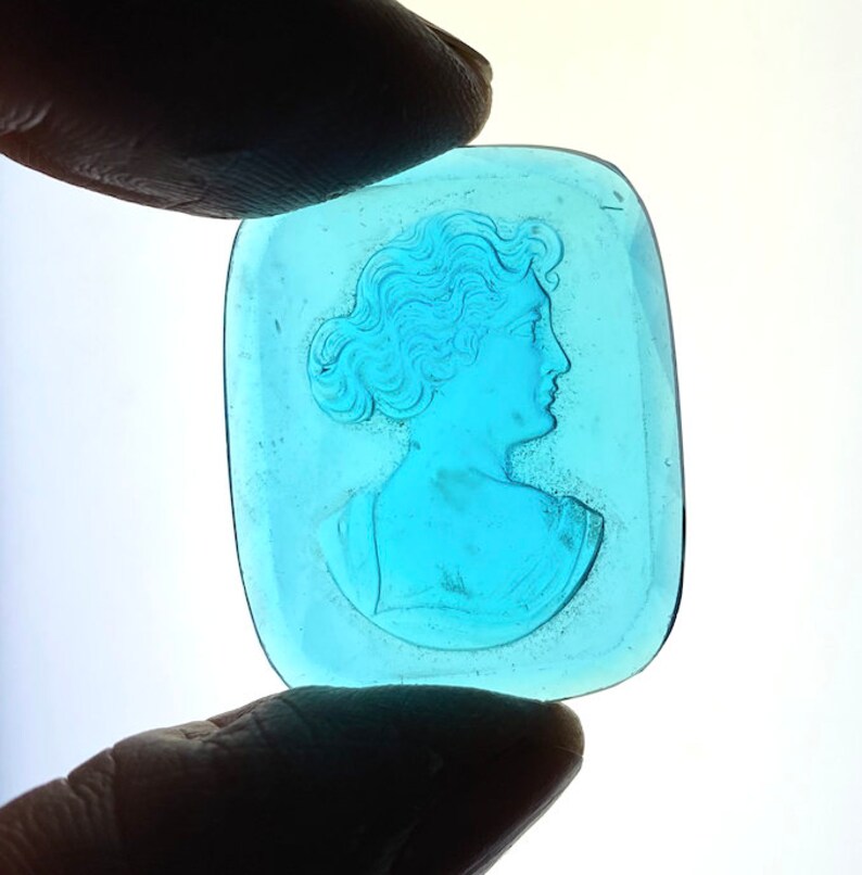 Stone Beautiful Raised Transparent Teal or Aqua Blue Image Glass Portrait Cameo Cabochon 30mm x 24mm