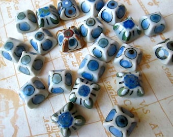 12 Mixed Ceramic Hand Painted Square High Top Tiles, Flowers, Green, Blue, some w Rust Red on Soft White Base, Mexico