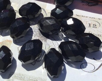 6 Vintage Large Black Faceted Glass Beads, 23mm