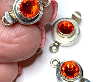 Vintage Sterling Silver Clasp with Swarovski Tangerine Orange Crystal Rhinestone - Faceted 19.5x11mm Stone, Single Strand
