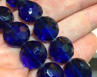 9 Faceted Translucent Deep Blue Crystal Coin Beads 10.5mm