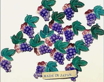 6 Vintage Purple Grape Cluster Mix, Early Plastic, Celluloid, Hand Painted Fruit Cabochons, Japanese