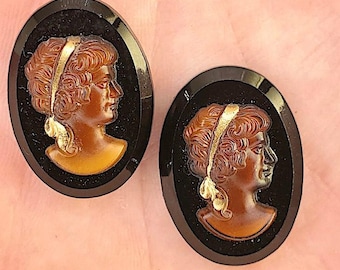 1 Vintage Victorian Style Woman Oval Cameo, Light Brown Glaze with Gold Painted Head Band on a Black Base