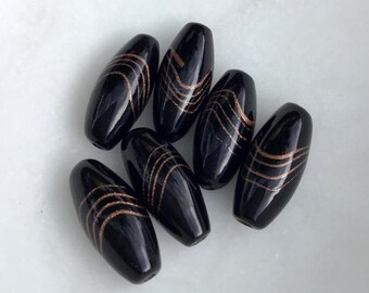 6 Vintage Black Glass Barrel Beads with Copper Swirl, Mixed Sizes 19–23mm