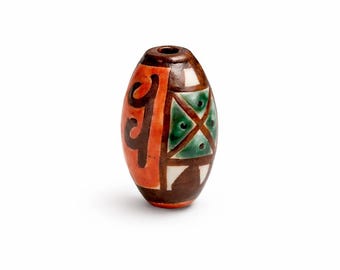 1 Vintage Hand-Painted Ceramic Bead Chain – Red, Green & Brown Tribal Ovals