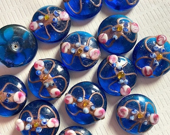 1 Vintage Rich Aqua Wedding Cake Murano Glass Cabochons, 22 mm Diameter, Handmade Lampwork