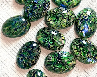 2 Vintage Oval Domed Cabochons, Transparent Green Blue Foil, Japanese Glass (25x18mm)