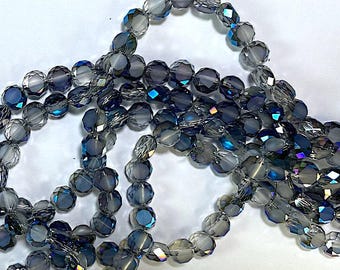 10 Vintage Black Diamond with Iris AB Faceted Glass Coin Beads with Flat Faces, 8mm, Peacock, Rainbow Colors