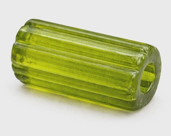 11 Vintage Translucent Olive Green or Teal Ribbed Glass Tube Beads, Czechoslovakia,  Large 3mm Hole, 17mm x 9mm,