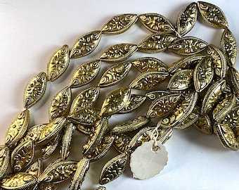 6 Shiny Gold Tone Embossed Oblong Beads, 24 × 12 mm, Flat