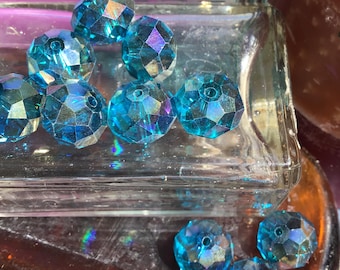 8 Large Intense Aqua Blue Glass Rondel Beads with Iridescent Coating, 10mm
