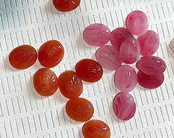 6 Vintage Carnelian or Marbled Pink Glass Scarabs, Occupied Japan Approx. 10mm x 12mm, Detailed Art Deco Stones, U-Pick