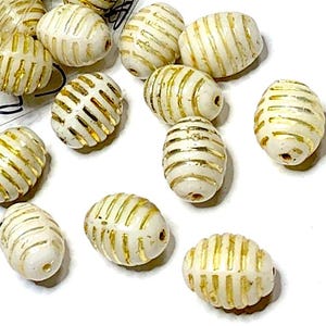 6 Vintage Czech Honey Pot Glass Beads, White with Gold Incised Design, Oval 13mm