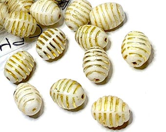6 Vintage Czech Honey Pot Glass Beads, White with Gold Incised Design, Oval 13mm