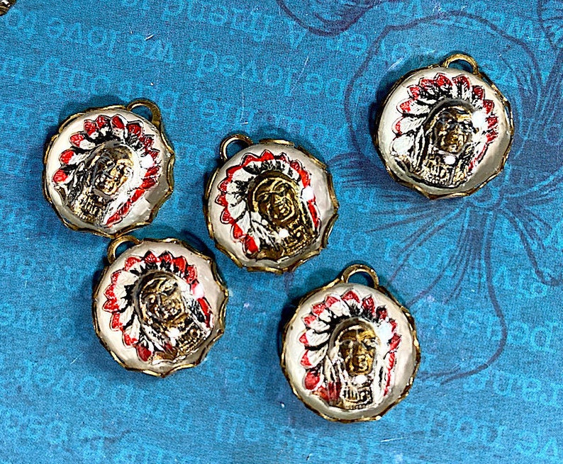 2 Vintage Glass Reverse Painted Intaglios of an Indian Chief Cabochon West Germany 13mm in Brass Bezel.