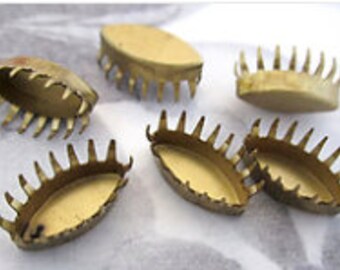 20 Vintage Multi Pronged Brass Navette Settings for 12mm x 6mm Stone